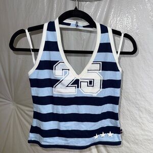 Vintage 90s Blue and White Striped Halter Top with Number 25